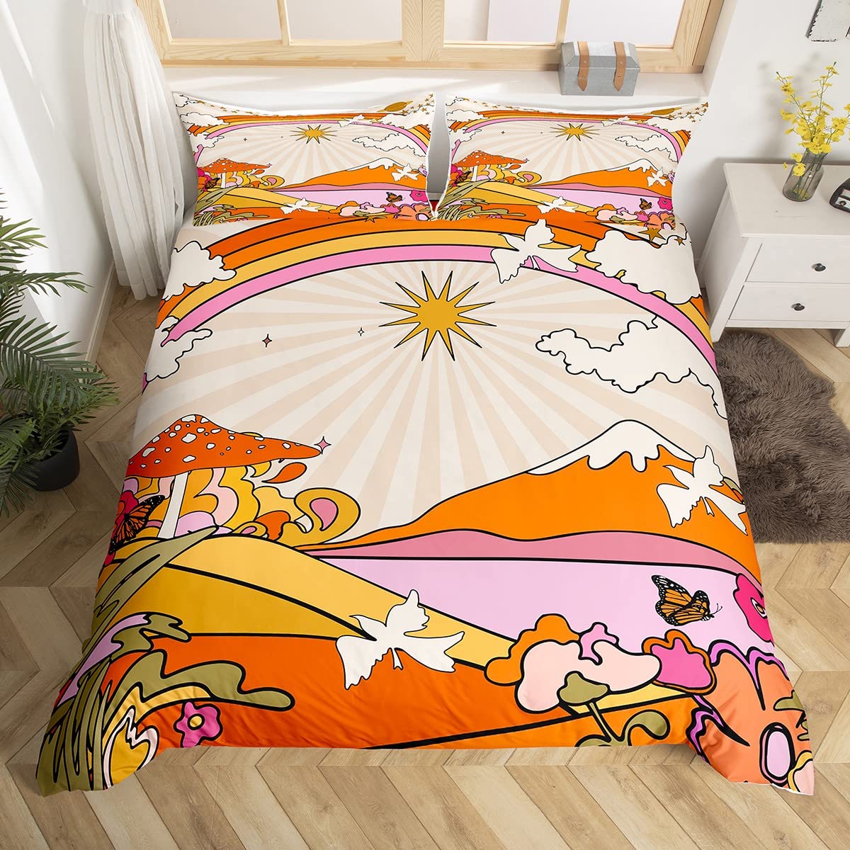 Hippie Cartoon Full Size Duvet Cover Set,70s Scenery Duvet Cover for Girls Teens Decorative Bedroom,Sun Mushroom Flowers Rainbow Polyester Quilt Cover with 2 Pillowcases