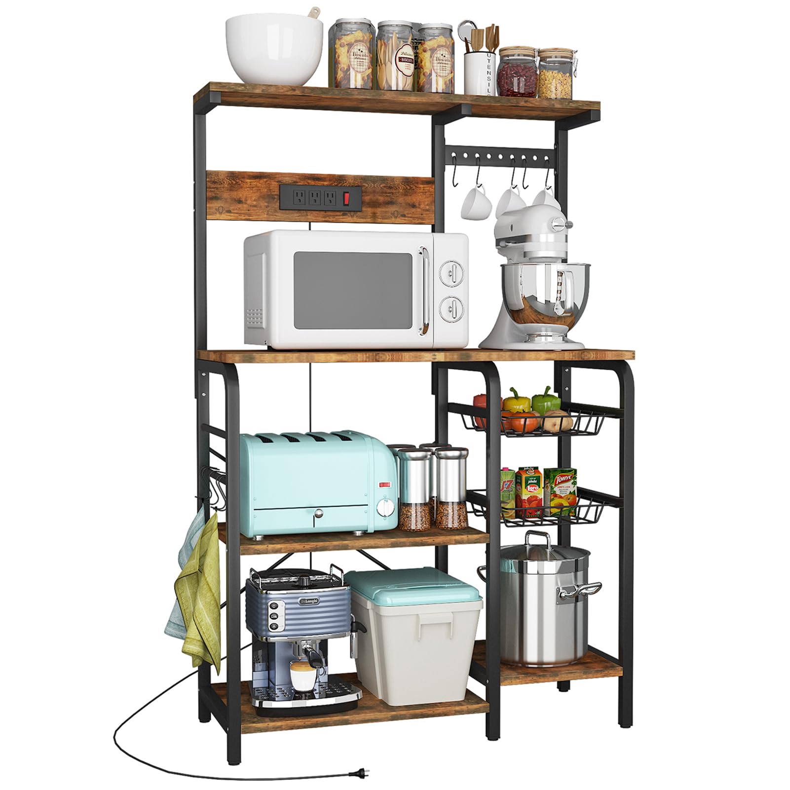 YILFANA Kitchen Bakers Rack with Power Outlet, Bakers Racks for Kitchen with Storage, Microwave Stand with Storage, Kitchen Rack and Shelves with 2 Wire Baskets, 10 S-Hooks, Kitchen Storage Shelves