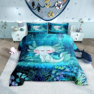 manfei cartoon axolotl twin size comforter set,cute 3d ocean animal quilt set soft bed collection,blue seaweed plant bedding comforter for boys girls kawaii bedroom decor,2 pcs