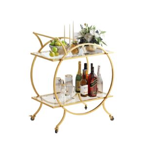 LORMITER Gold Bar Carts for The Home Bar Serving Cart, Rolling Bar Cart Gold with Lockable Caster Wheels, Glass Bar Carts with 2 Mirrored Shelves, Storage Round Wine Carts for Kitchen, Party