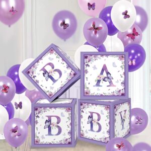 GOGOPARTY Purple Butterfly Floral Baby Shower Boxes Decorations - 4 Baby Shower Centerpiece Boxes Gender Reveal First Birthday Centerpiece Decors (Without Flowers)