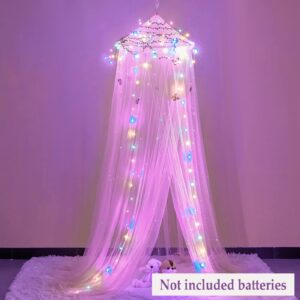 FIOBEE Bed Canopy for Girls Room Bed Canopy Curtains with Led Lights Mosquito Net DIY Princess Room Décor with Stars Butterflies for Kids Bedroom, Hot Pink