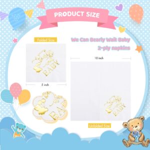 Crtiin 100 Pcs We Can Bearly Wait Baby Shower Napkins, Baby Shower Decorations for Boy, Bear Favors Napkins Cocktail Dessert Disposable Napkin Paper for Boy or Girl Party Supplies, White Gold