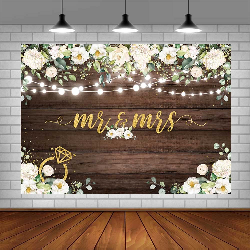 AIBIIN 7x5ft Mr & Mrs Backdrop for Wedding Bridal Shower Rustic Wooden White Flowers Photography Background Wedding Bachelorette Party Decirations Banner Photo Booth Props