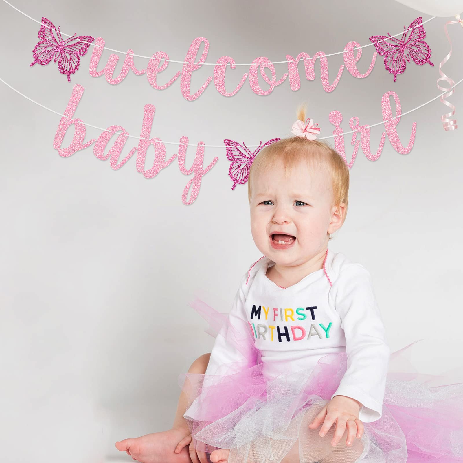 Welcome Baby Girl Banner, Butterfly Baby Girl Banner, Girl Baby Shower Decorations (Pink)