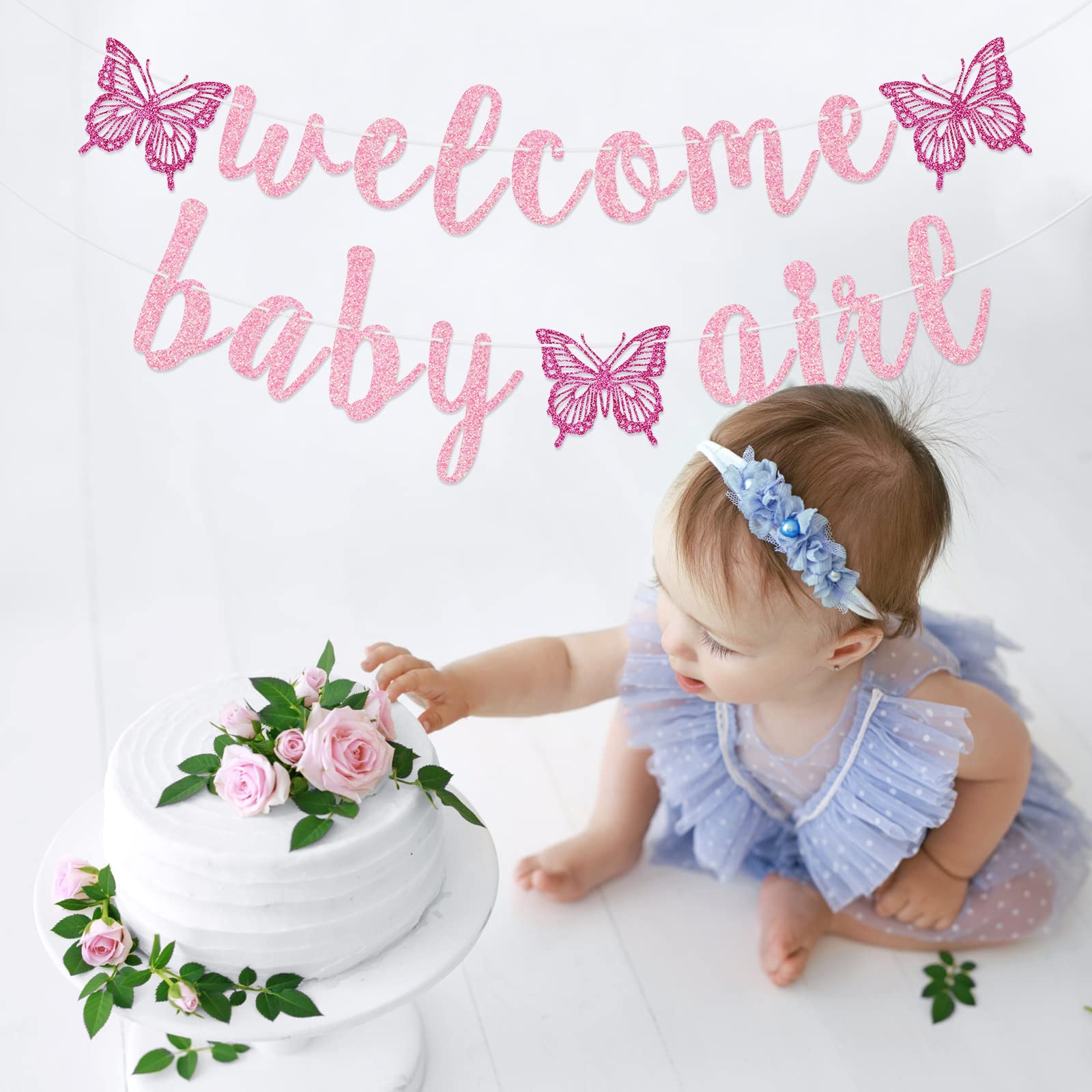 Welcome Baby Girl Banner, Butterfly Baby Girl Banner, Girl Baby Shower Decorations (Pink)