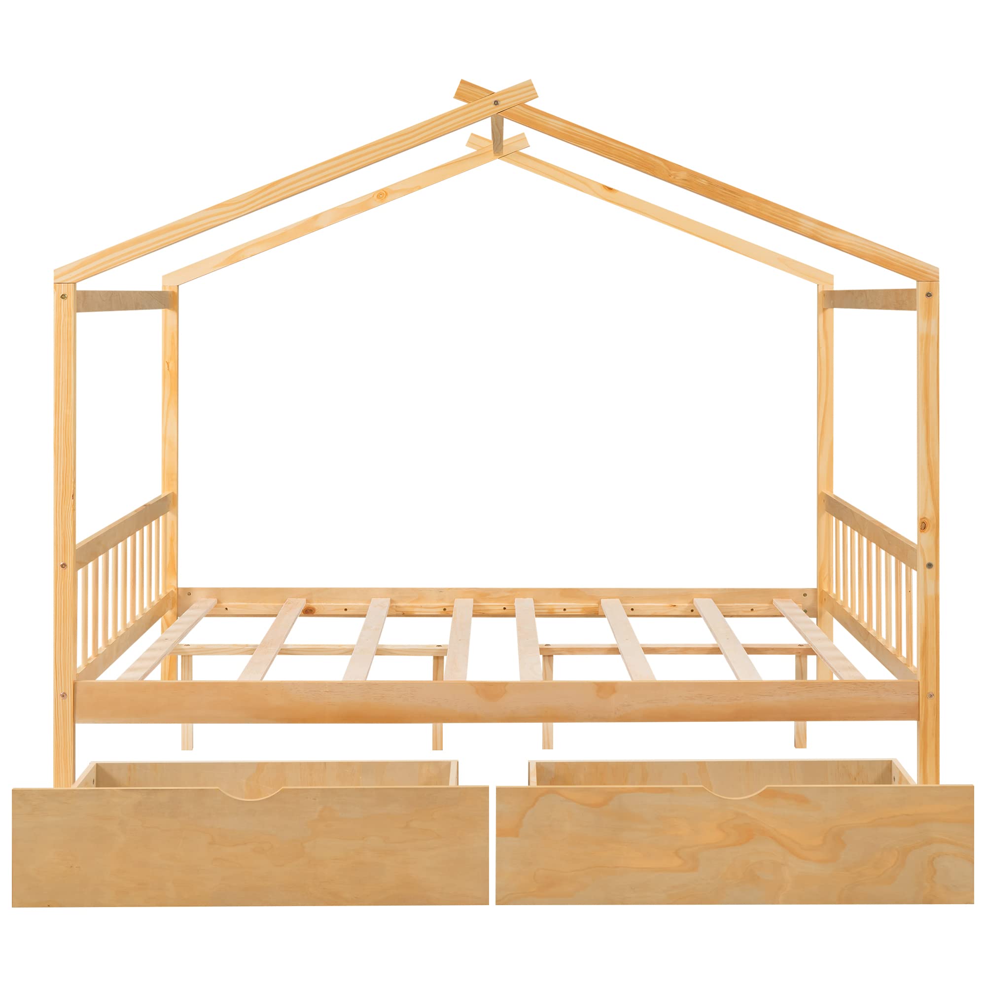 Harper & Bright Designs Full House Bed for Kids, Wooden Full Size House Bed Frame with Two Drawers, Full Storage Bed with Headboard and Footboard,Roof Design for Girls Boys, Natural