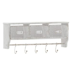 Merrick Lane Enid Wall Mount Storage Rack - Whitewashed Pine Wood - 24" Wide - Upper Shelf - 5 Hooks - Wire Baskets - For Entryway, Kitchen, Bathroom