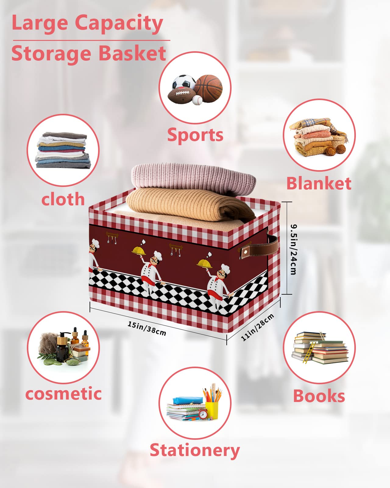 Fat Chef Cube Storage Organizer Bins with Handles, 15x11x9.5 Inch Collapsible Canvas Cloth Fabric Storage Basket, Buffalo Plaid Checked Flag Accessories Books Bin Boxes for Shelves, Closet