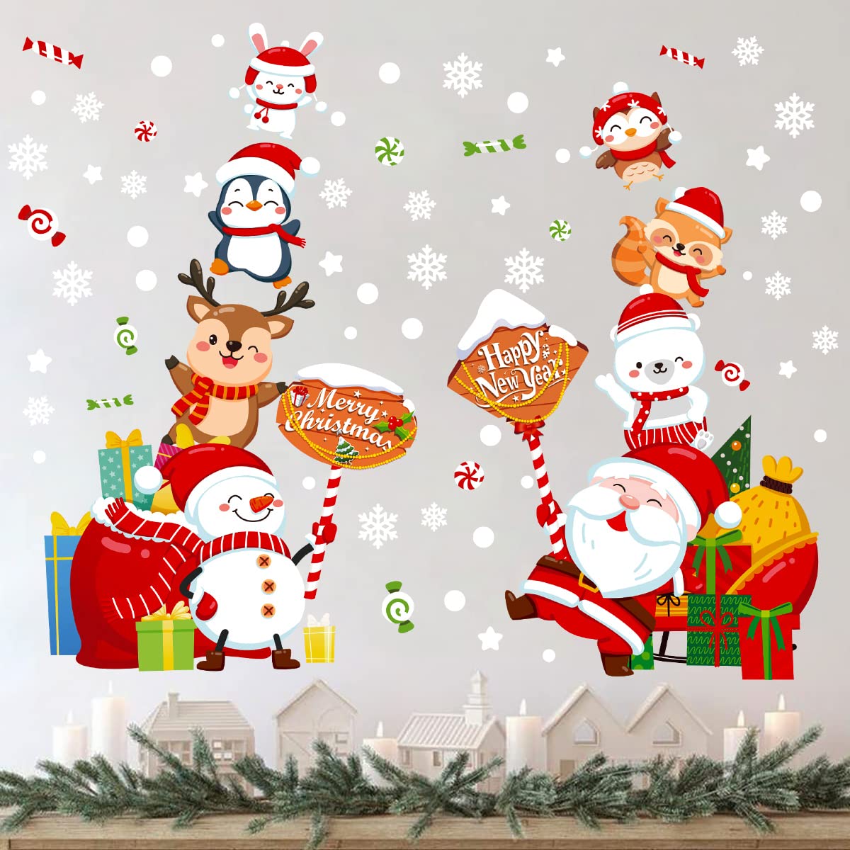 GGBOY Christmas Wall Decals, Santa Claus Christmas Wall Stickers Removable, Xmas Snowman Christmas Vinyl Wall Decal, Christmas Window Clings Stickers Decals for Wall Window Kid Room Bedroom Decoration