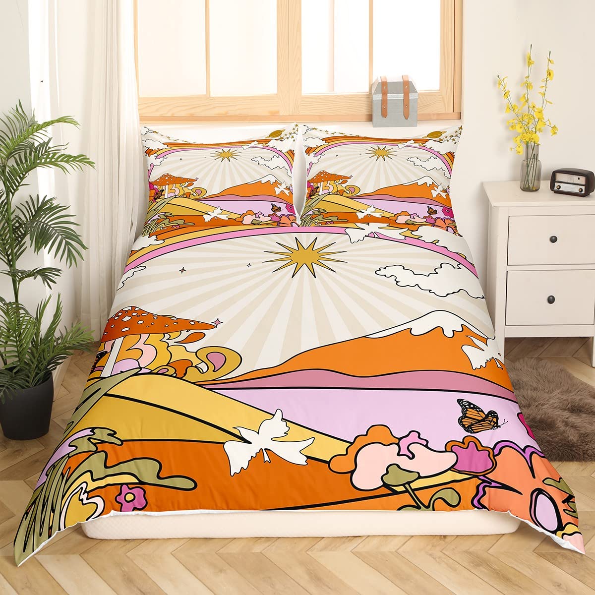 Hippie Cartoon Full Size Duvet Cover Set,70s Scenery Duvet Cover for Girls Teens Decorative Bedroom,Sun Mushroom Flowers Rainbow Polyester Quilt Cover with 2 Pillowcases