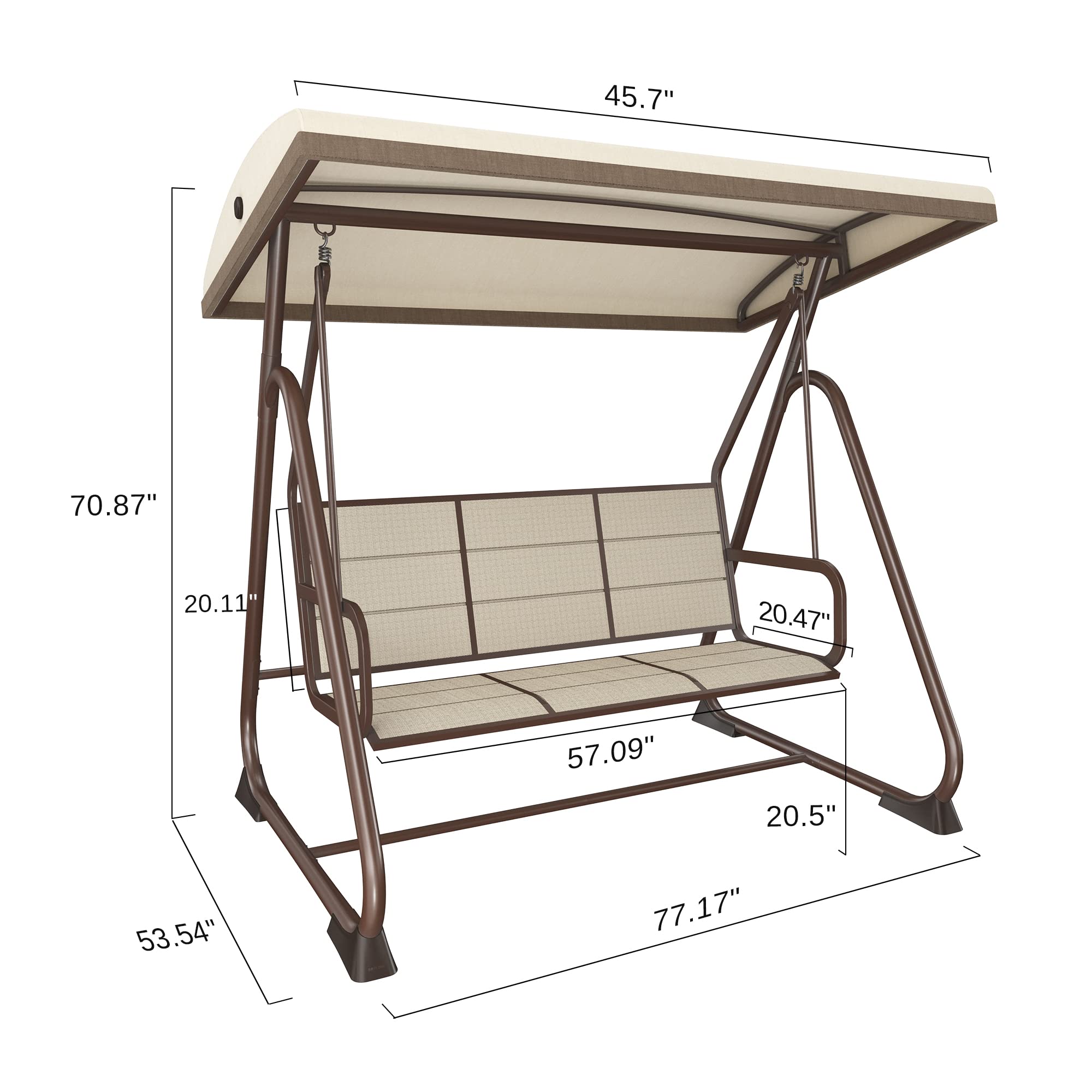 EAST OAK 3-Person Outdoor Patio Swing Chair with Adjustable Canopy, Porch Swing with Comfortable and Breathable Seats, Outdoor Swing Chairs for Garden, Balcony, Backyard, Chestnut Brown