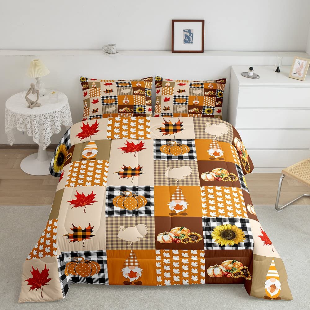 Manfei Retro Plaid Splicing Comforter Set with 2 Pillowcases,Thanksgiving Theme Sunflower Pumpkin Super Soft Microfiber Bedding Set for Adults Teens,Rustic Farmhouse Duvet Set for Room Decor,King