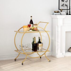 LORMITER Gold Bar Carts for The Home Bar Serving Cart, Rolling Bar Cart Gold with Lockable Caster Wheels, Glass Bar Carts with 2 Mirrored Shelves, Storage Round Wine Carts for Kitchen, Party