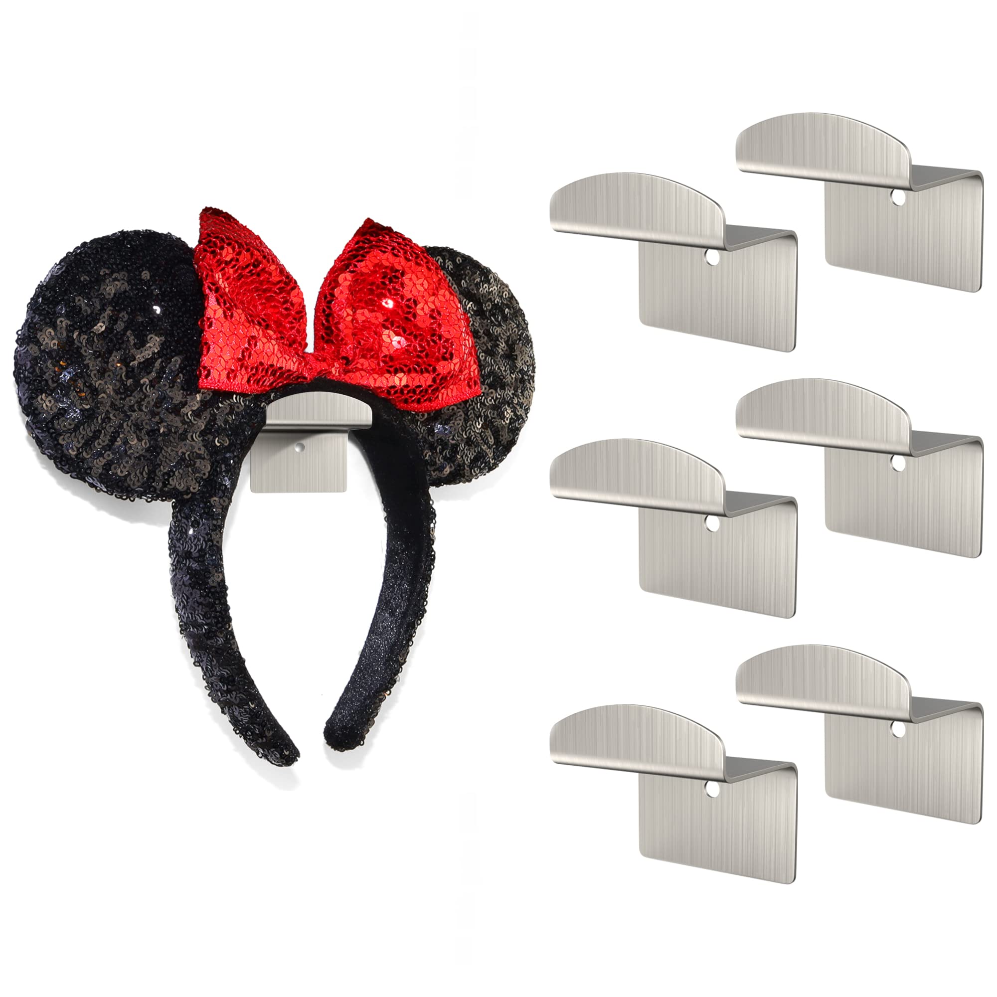 Modern JP Metal Adhesive Hooks for Disney Ears (6-Pack) - Optional Screws Included, Minimalist Disney Ear Holder, Strong Hold Headband Holder - Stainless Steel, Silver