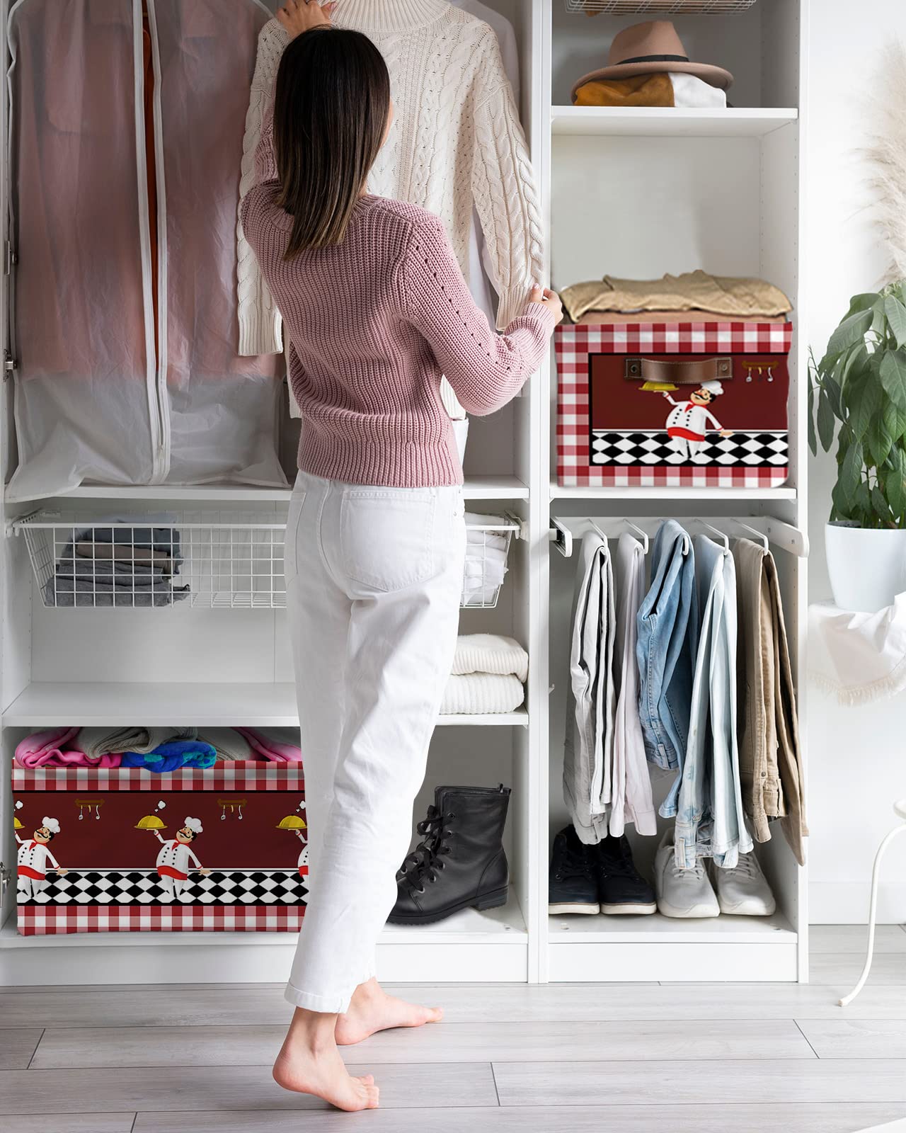 Fat Chef Cube Storage Organizer Bins with Handles, 15x11x9.5 Inch Collapsible Canvas Cloth Fabric Storage Basket, Buffalo Plaid Checked Flag Accessories Books Bin Boxes for Shelves, Closet