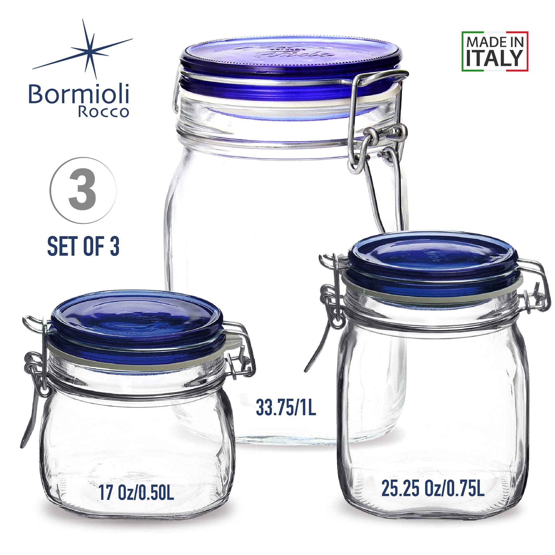 Bormioli Rocco Fido Collection, Variety Pack, Set Of 3 Food Storage Glass Jars 17 Oz. - 25.25 Oz. - 33.75 Oz. Made In Italy.