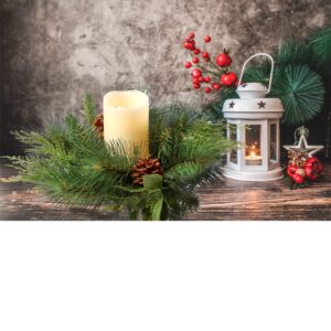 12 Inch Artificial Juniper and Cedar Christmas Candle Ring with Bay Leaves and Pine Cones for Pillar Candles