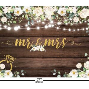 AIBIIN 7x5ft Mr & Mrs Backdrop for Wedding Bridal Shower Rustic Wooden White Flowers Photography Background Wedding Bachelorette Party Decirations Banner Photo Booth Props