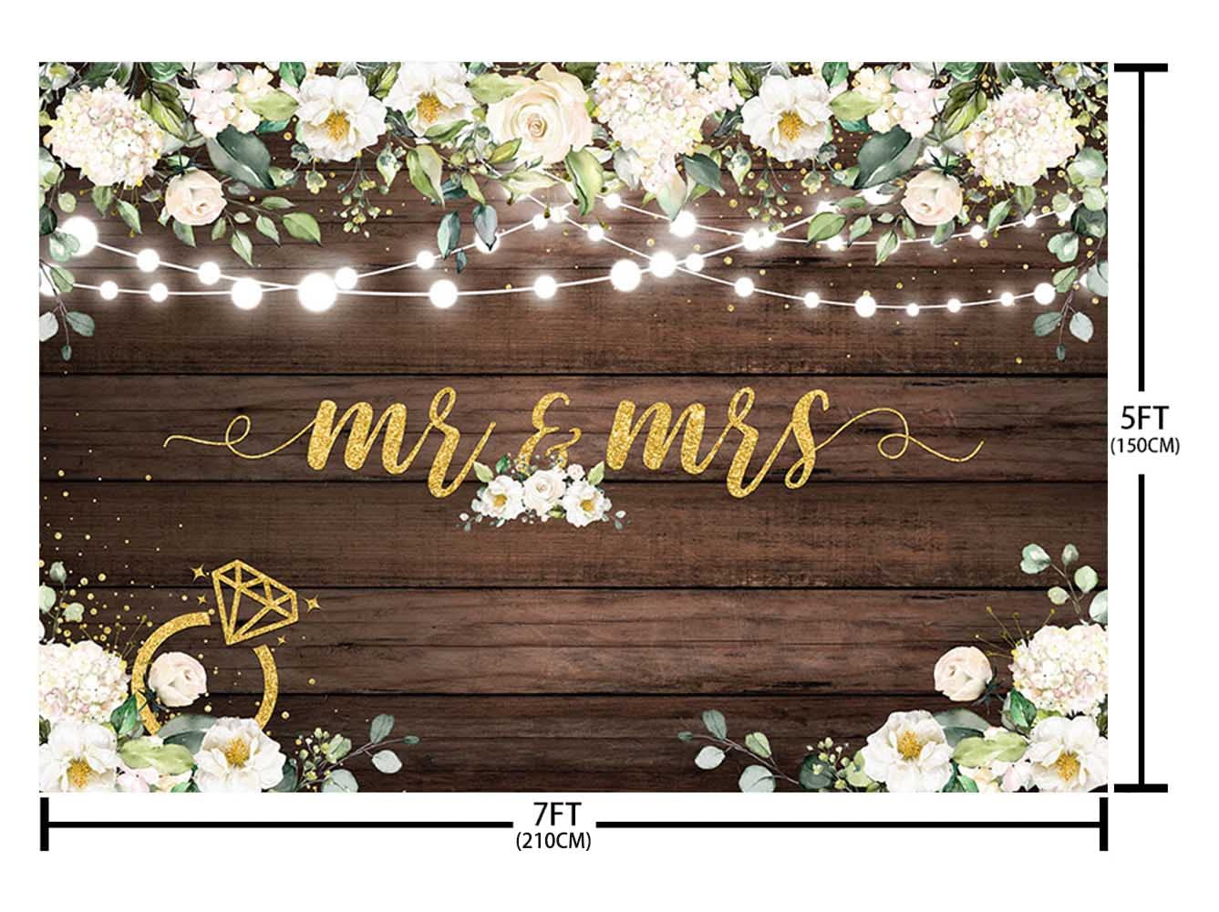 AIBIIN 7x5ft Mr & Mrs Backdrop for Wedding Bridal Shower Rustic Wooden White Flowers Photography Background Wedding Bachelorette Party Decirations Banner Photo Booth Props