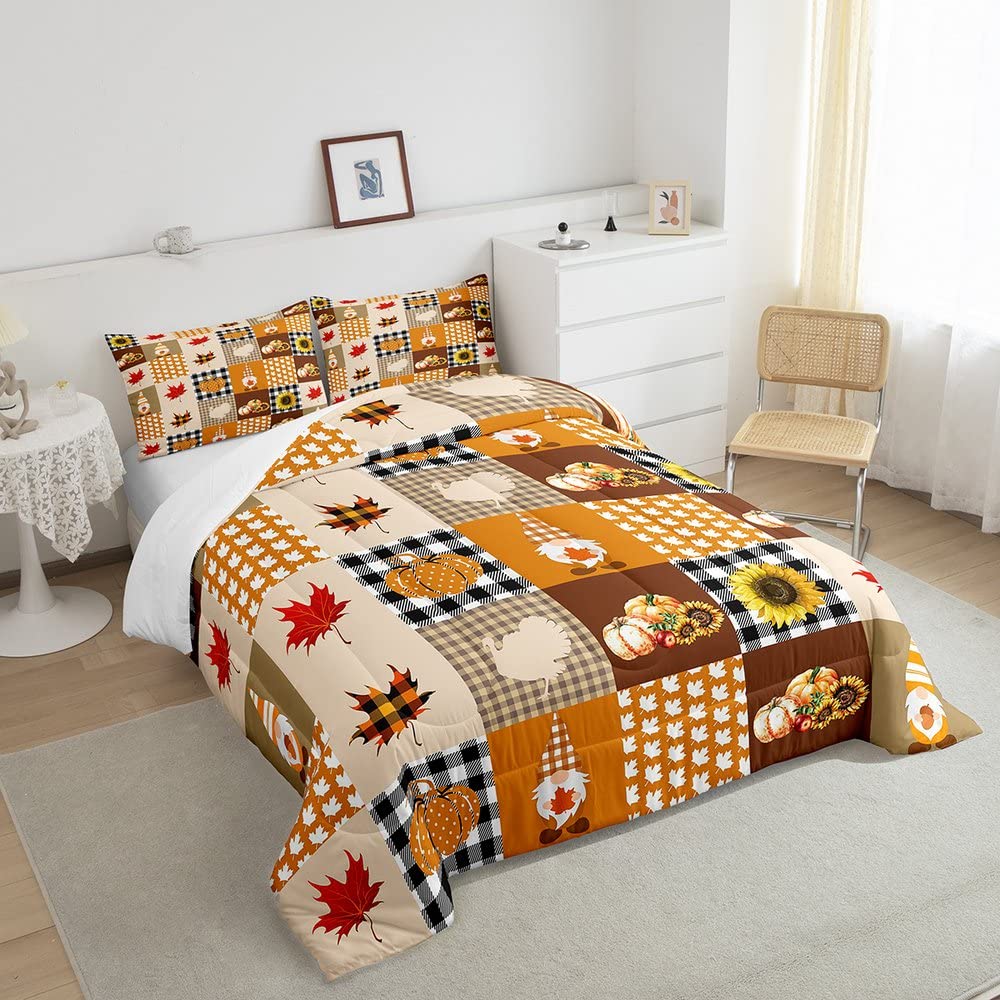 Manfei Retro Plaid Splicing Comforter Set with 2 Pillowcases,Thanksgiving Theme Sunflower Pumpkin Super Soft Microfiber Bedding Set for Adults Teens,Rustic Farmhouse Duvet Set for Room Decor,King