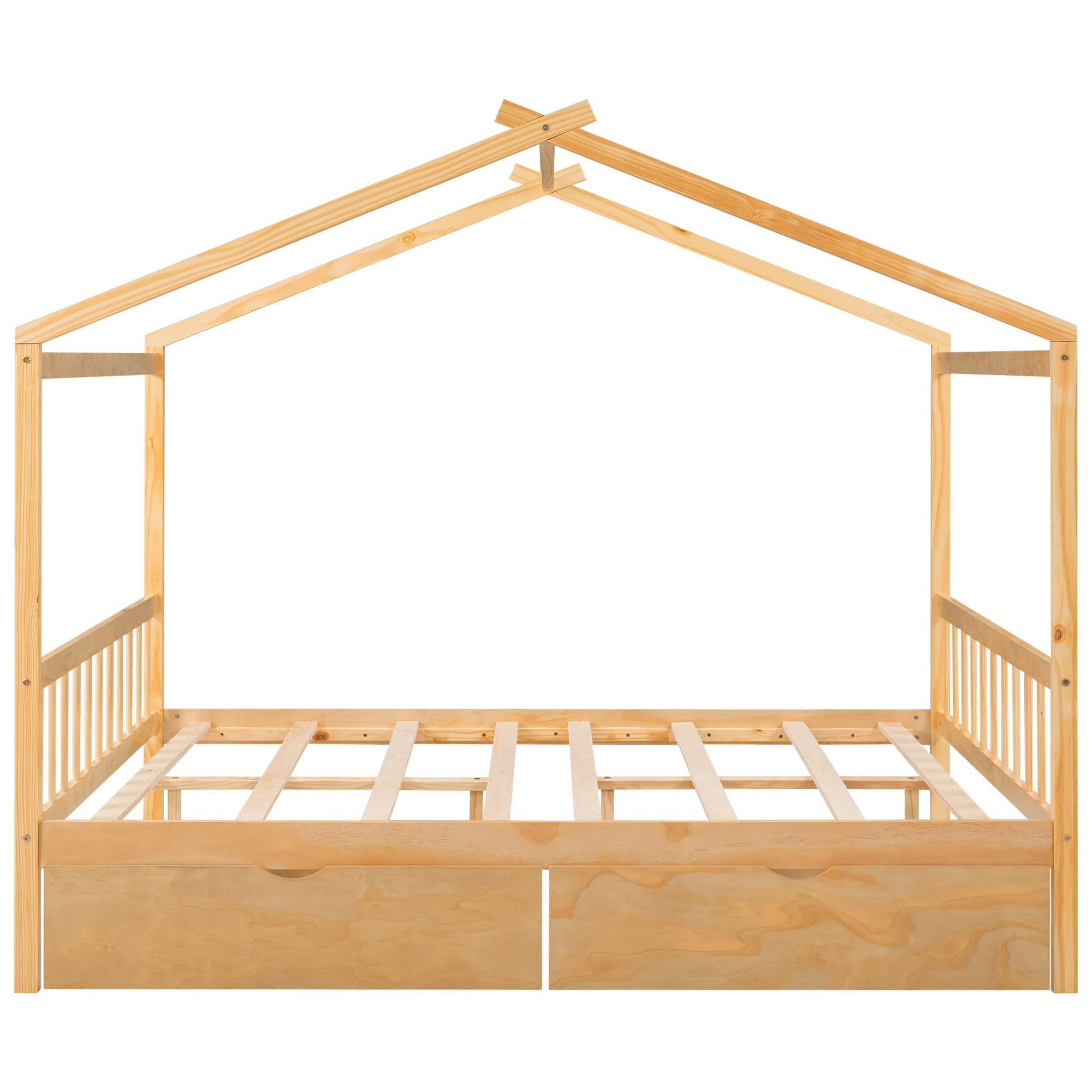 Harper & Bright Designs Full House Bed for Kids, Wooden Full Size House Bed Frame with Two Drawers, Full Storage Bed with Headboard and Footboard,Roof Design for Girls Boys, Natural