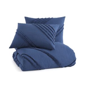 DKNY Bedding Chenille Block 3-Piece Cotton Duvet Cover Set, Full/Queen, Denim Blue