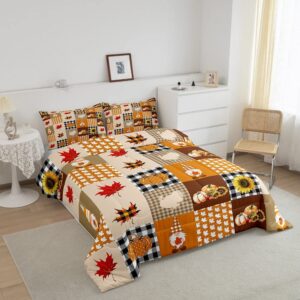 Manfei Retro Plaid Splicing Comforter Set with 2 Pillowcases,Thanksgiving Theme Sunflower Pumpkin Super Soft Microfiber Bedding Set for Adults Teens,Rustic Farmhouse Duvet Set for Room Decor,King