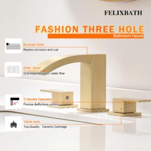 FELIXBATH Waterfall Bathroom Sink Faucet, 3 Holes Two Handles Bathroom Faucet with Pop Up Drain and 2 Water Supply Lines, 8 inch Widespread Bathroom Sink Faucet Brushed Gold