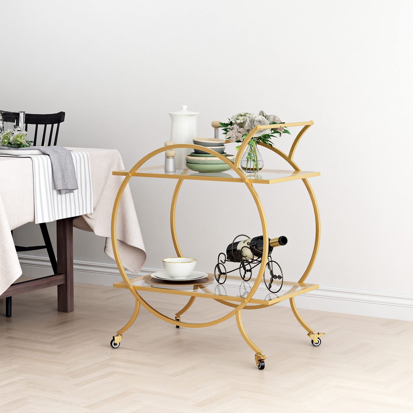 LORMITER Gold Bar Carts for The Home Bar Serving Cart, Rolling Bar Cart Gold with Lockable Caster Wheels, Glass Bar Carts with 2 Mirrored Shelves, Storage Round Wine Carts for Kitchen, Party