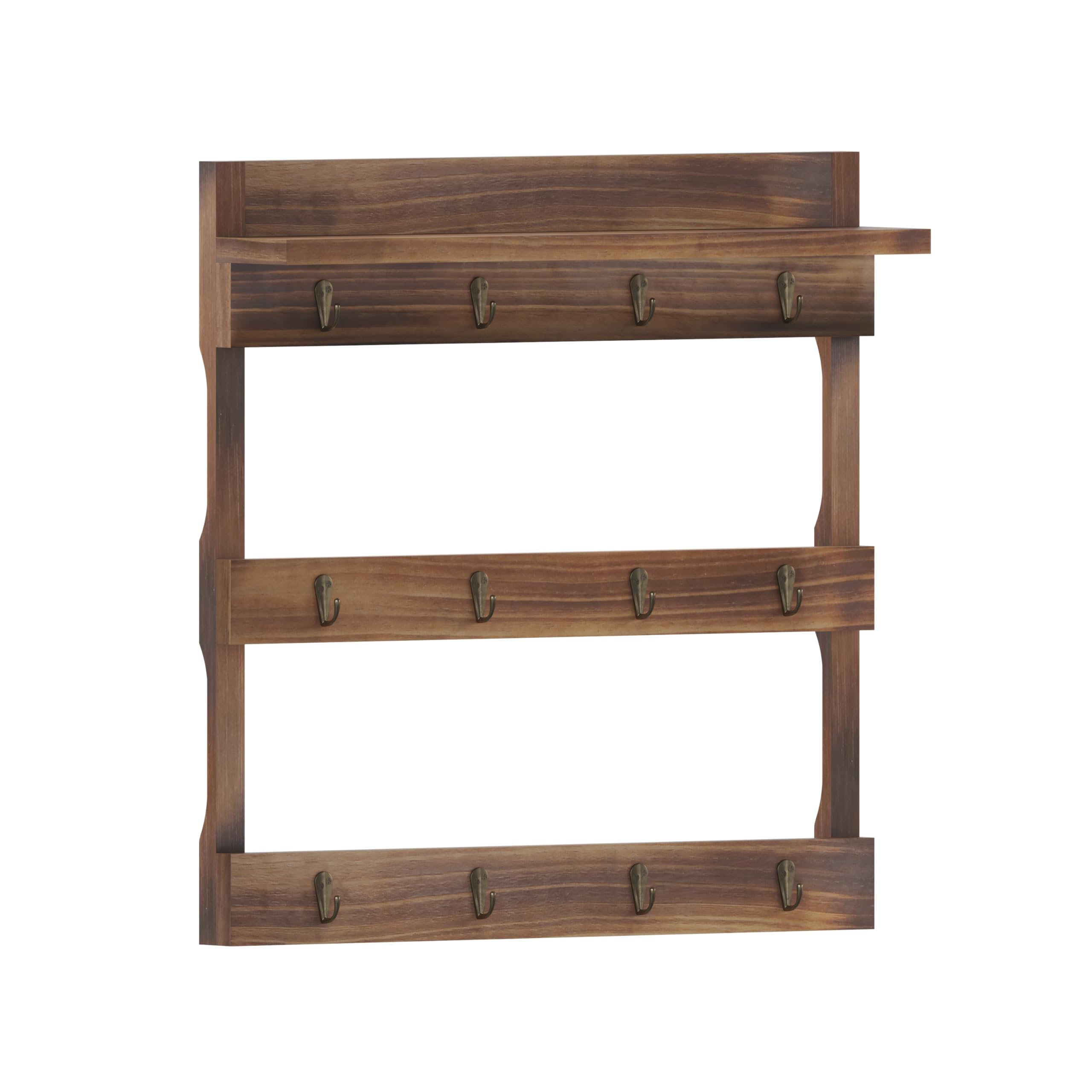 EMMA + OLIVER Maxwell Wall Mounted Wooden Mug Rack - Rustic Brown Finish - 12 Metal Mug Hooks - Inlaid Hanging Hardware - Includes Screws and Wall Anchors