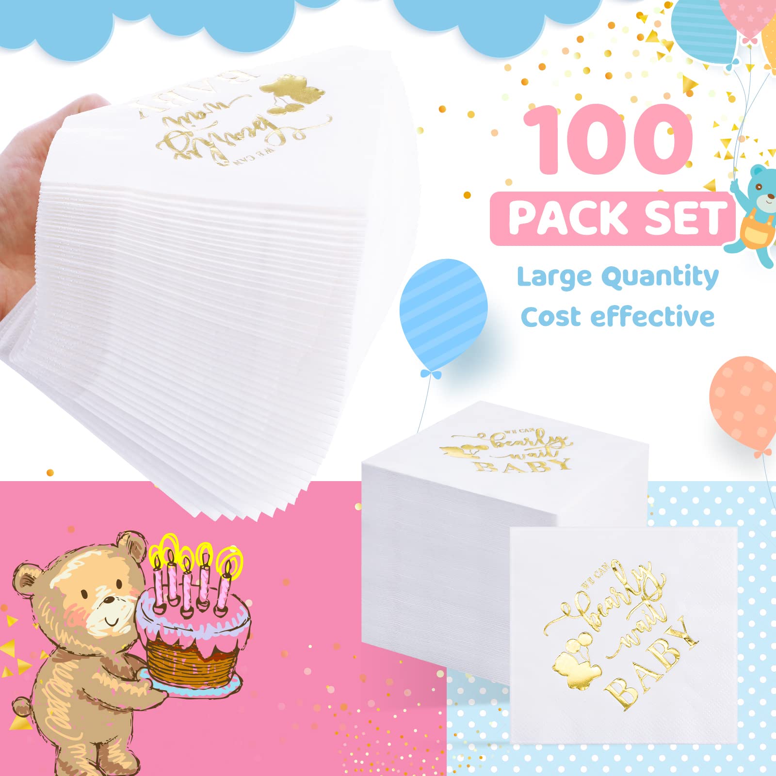 Crtiin 100 Pcs We Can Bearly Wait Baby Shower Napkins, Baby Shower Decorations for Boy, Bear Favors Napkins Cocktail Dessert Disposable Napkin Paper for Boy or Girl Party Supplies, White Gold