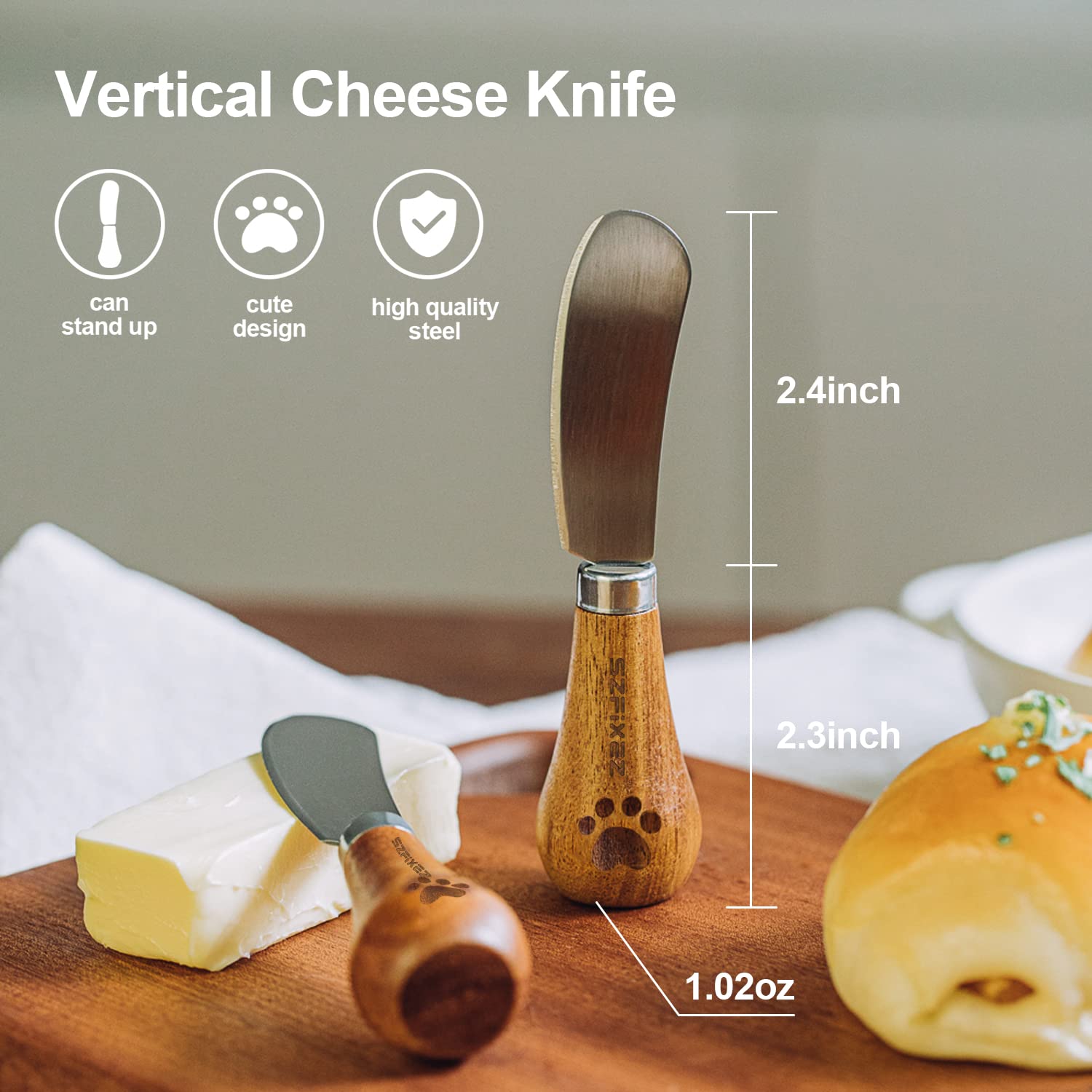 Cheese Knife Set, Cute Standing Butter Knife Food Grade 420 Stainless Steel Cheese Spreader Knives Butter Spreader with Wooden Handle for Fruit, Picnic,Charcuterie , Party, 4.7 Inch, 2 Pieces (2 pack)