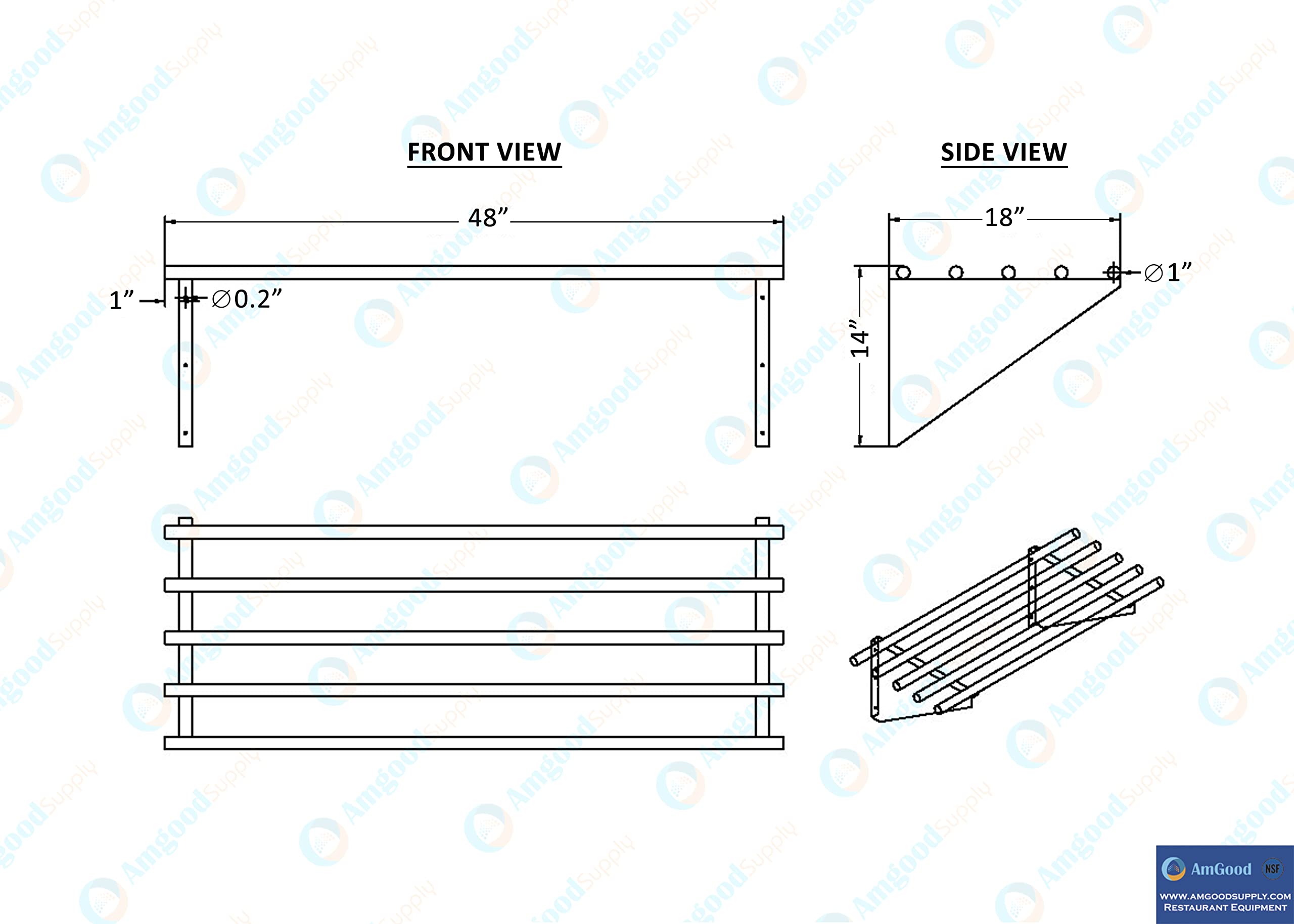 AmGood 48" Long X 18" Deep Stainless Steel Tubular Wall Shelf | NSF Certified | Appliance & Equipment Metal Shelving | Kitchen, Restaurant, Garage, Laundry, Utility Room