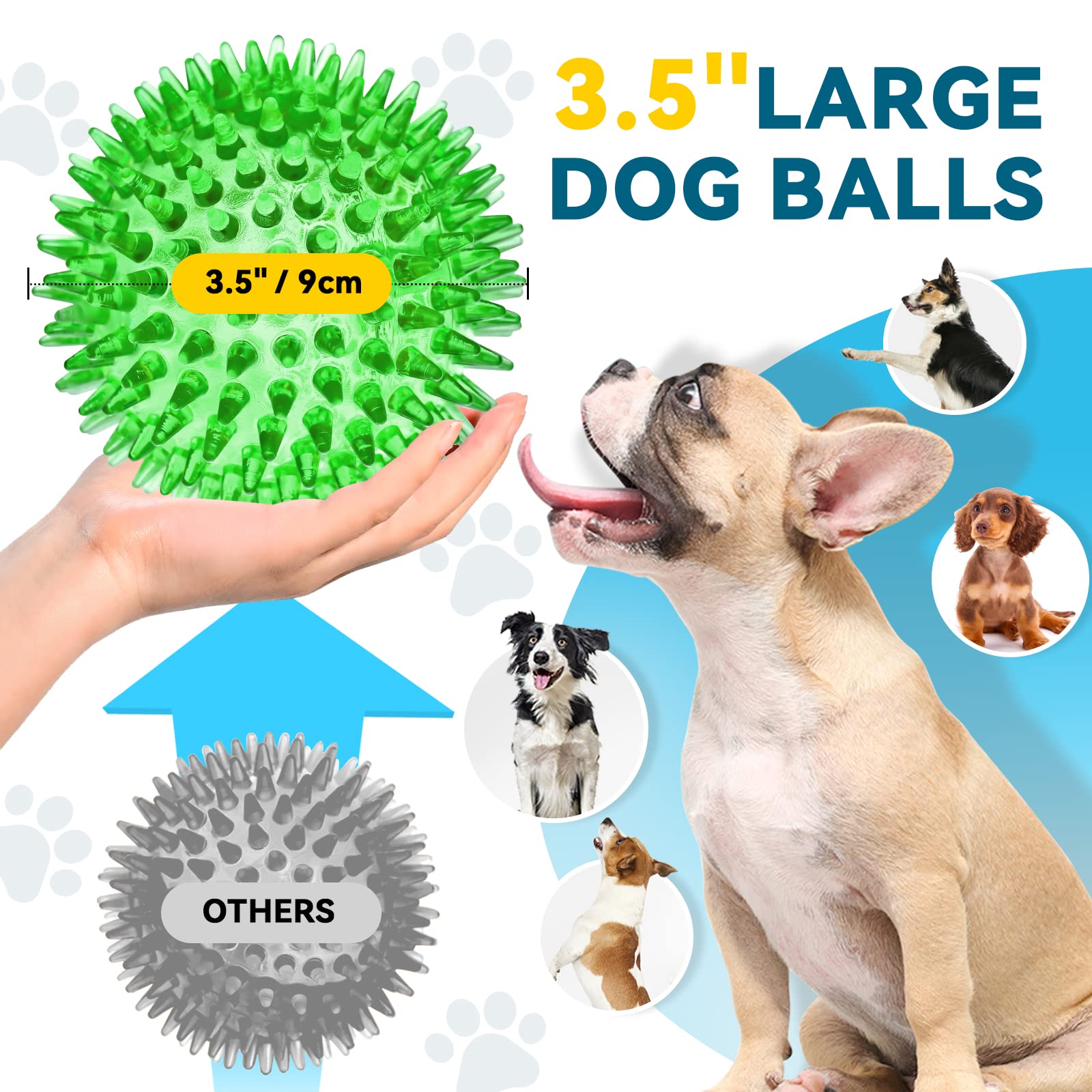 3.5” Large Dog Toys Ball, 6 Pack Squeaky Dog Toys, Durable Dog Toys for Aggressive Chewers, Spiky Dog Ball for Clean Teeth and Training, Fetch Toys for Large Dogs, Puppy Chew Toys for Teething