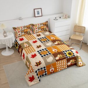 Manfei Retro Plaid Splicing Comforter Set with 2 Pillowcases,Thanksgiving Theme Sunflower Pumpkin Super Soft Microfiber Bedding Set for Adults Teens,Rustic Farmhouse Duvet Set for Room Decor,King