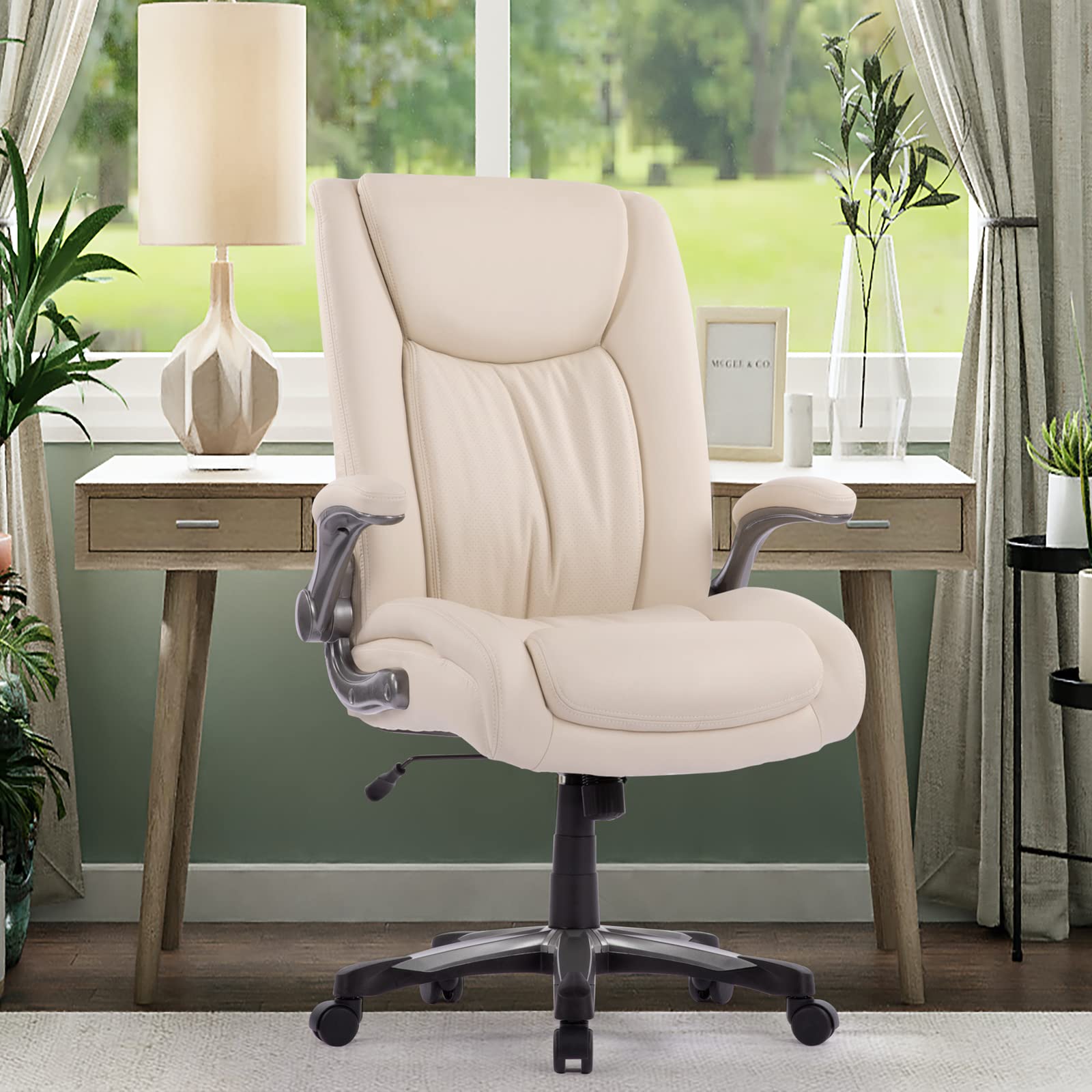 COLAMY Big and Tall Office Chair 400lbs, Large Heavy Duty High Back Executive Computer Office Desk Chair Flip-up Arms Wide Thick Seat for Home Office, Ivory