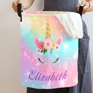 Unicorn Laundry Basket, Personalized Baby Laundry Basket, Custom Rainbow with Handles Foldable Waterproof Storage Basket with Girls Name