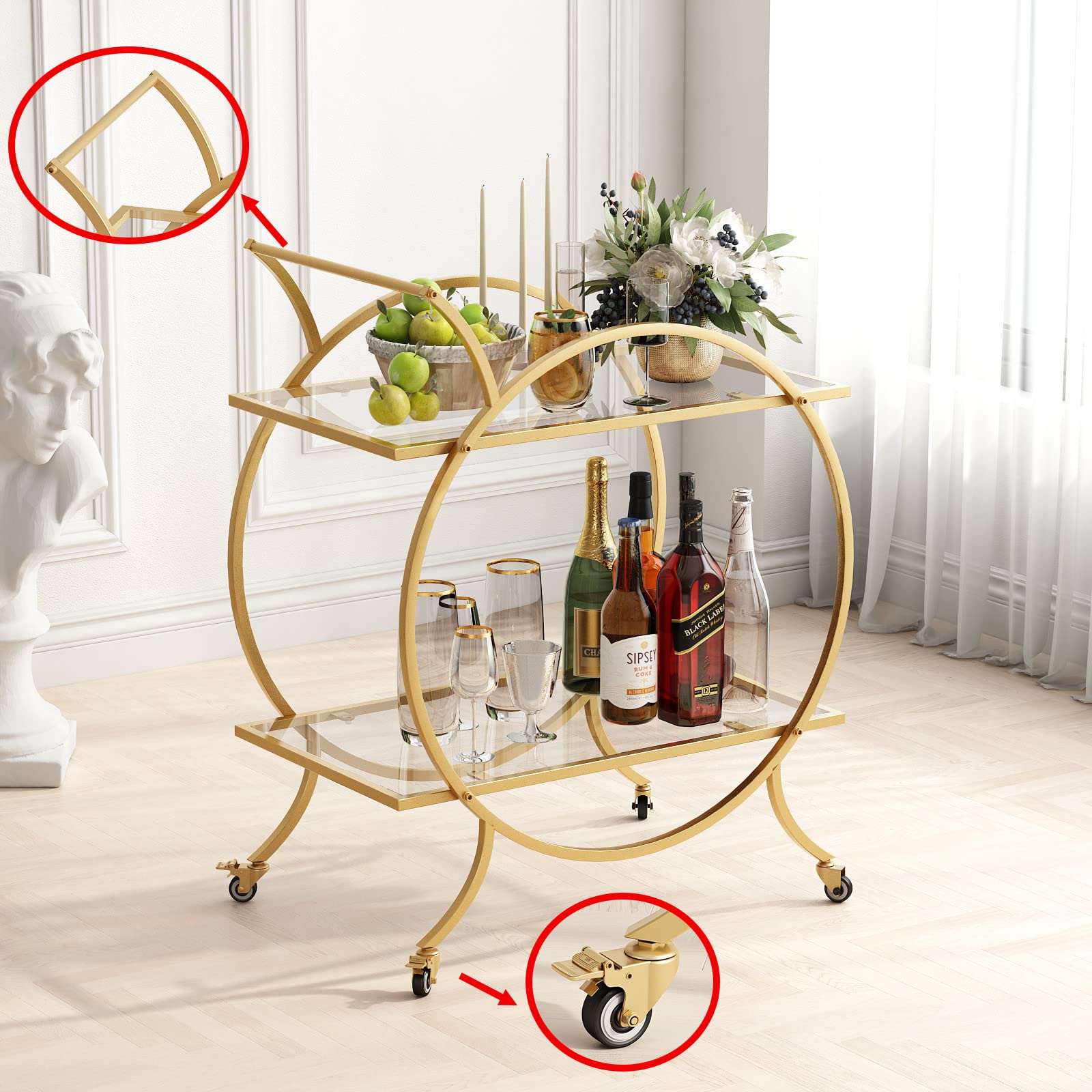 LORMITER Gold Bar Carts for The Home Bar Serving Cart, Rolling Bar Cart Gold with Lockable Caster Wheels, Glass Bar Carts with 2 Mirrored Shelves, Storage Round Wine Carts for Kitchen, Party