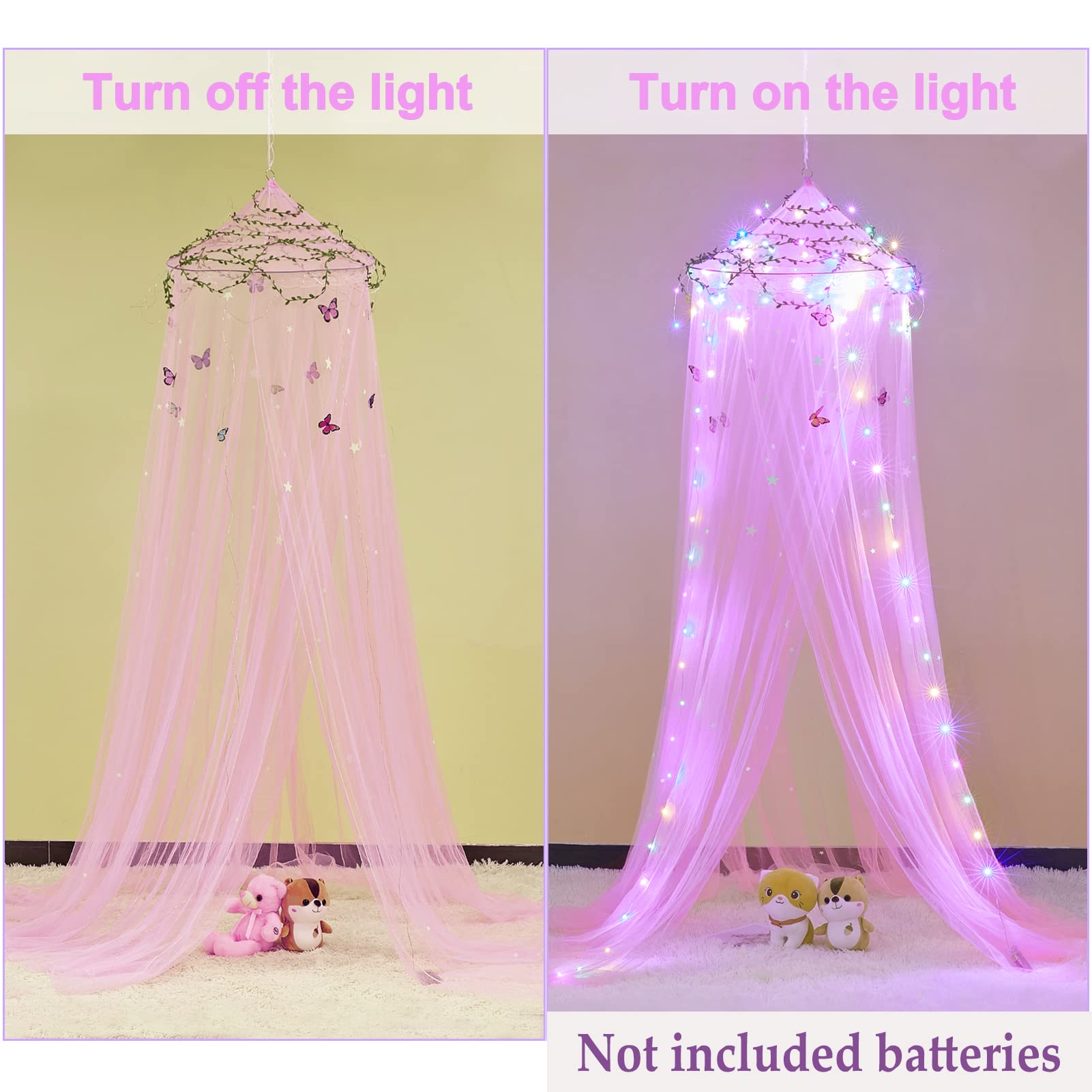 FIOBEE Bed Canopy for Girls Room Bed Canopy Curtains with Led Lights Mosquito Net DIY Princess Room Décor with Stars Butterflies for Kids Bedroom, Hot Pink