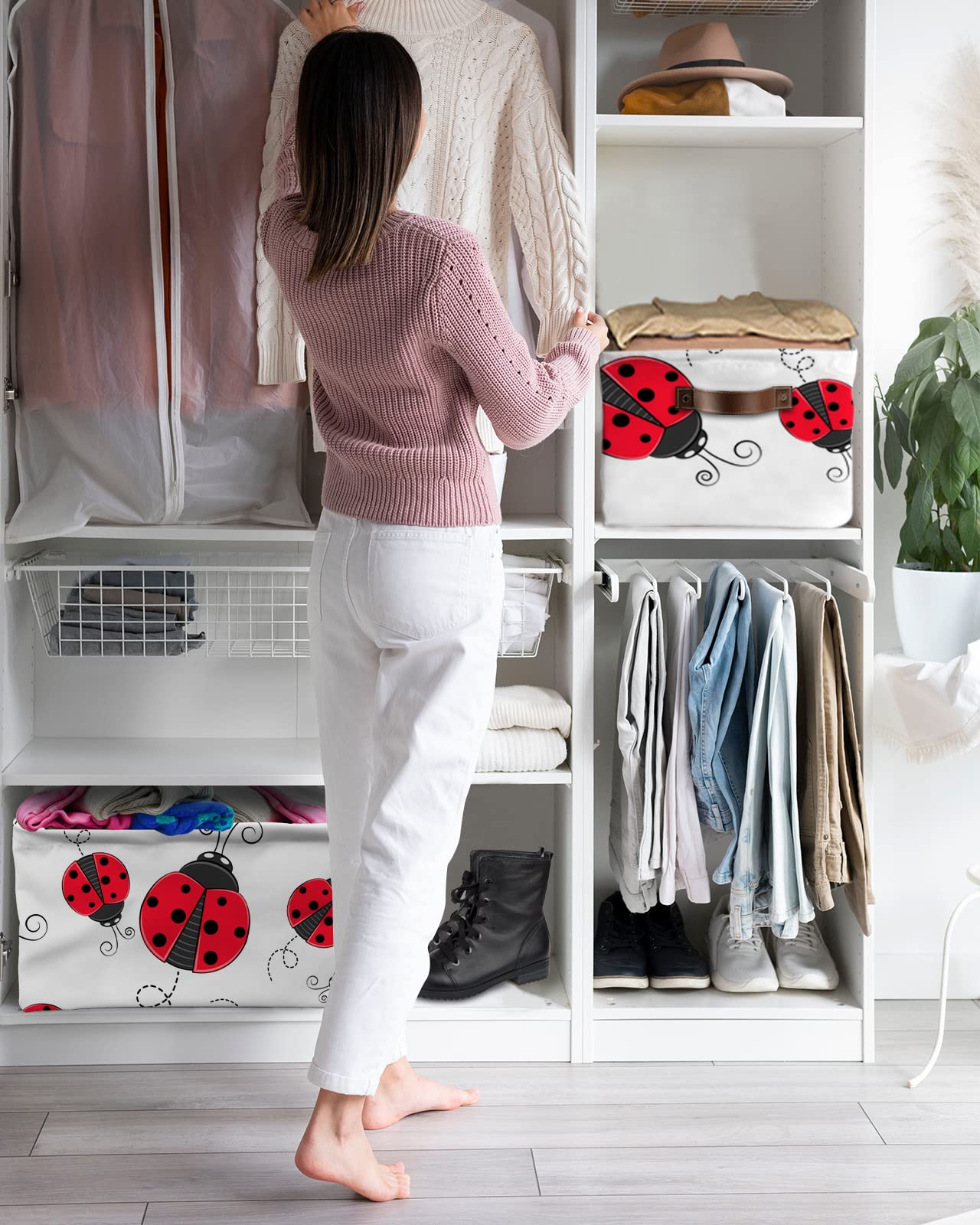 Lady-bugs Cube Storage Organizer Bins with Handles, 15x11x9.5 Inch Collapsible Canvas Cloth Fabric Storage Basket, Red Minimalistic Abstract White Books Bin Boxes for Shelves, Closet