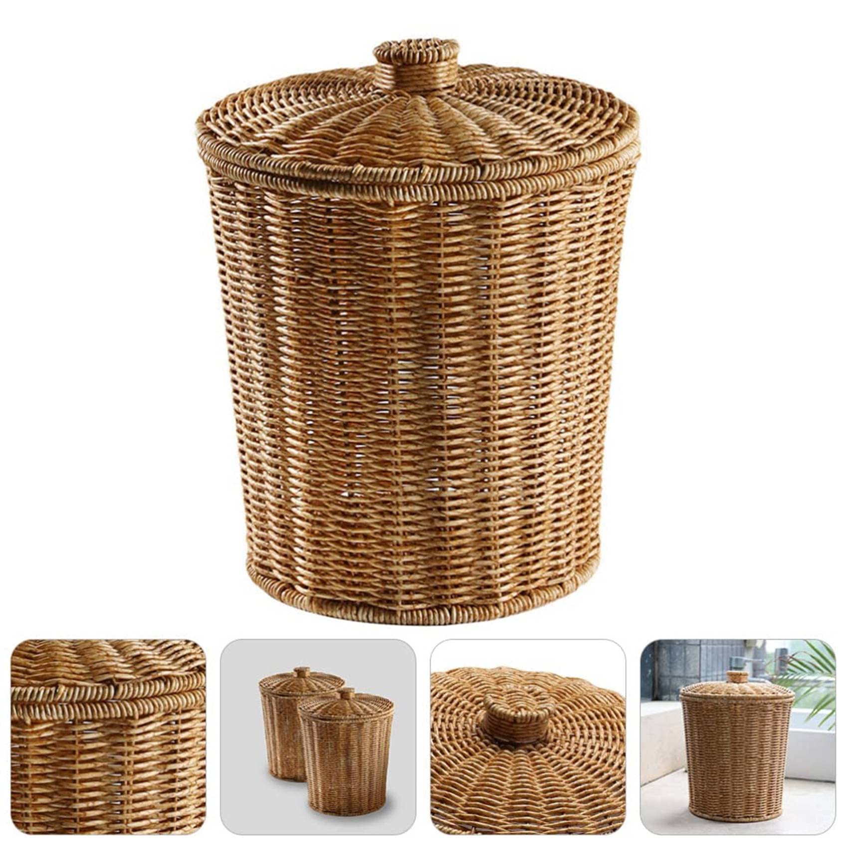 Coasta Woven Basket Trash Can Round Rattan Waste Basket with Lid Planter Woven Baskets Wicker Wastebasket Garbage Bin