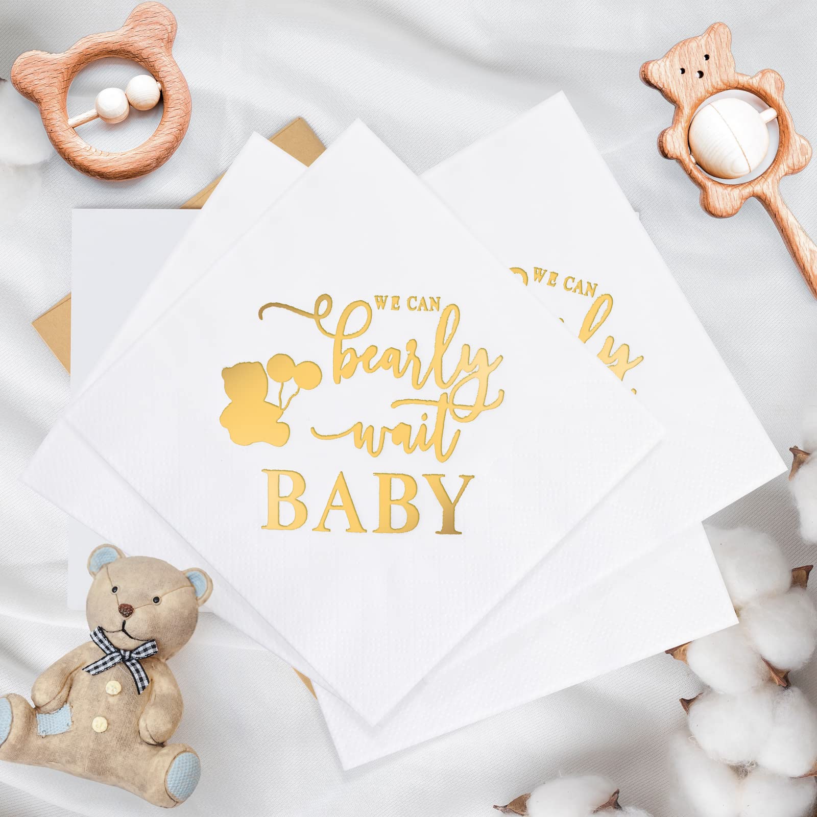 Crtiin 100 Pcs We Can Bearly Wait Baby Shower Napkins, Baby Shower Decorations for Boy, Bear Favors Napkins Cocktail Dessert Disposable Napkin Paper for Boy or Girl Party Supplies, White Gold