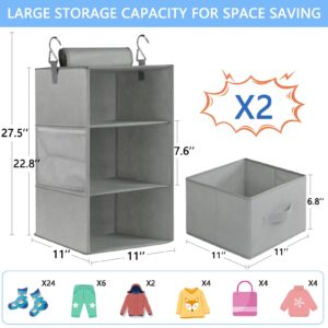 punemi 3-Shelf Hanging Closet Organizer, 2 Pack Closet Hanging Organizer with Drawers, Foldable Hanging Closet Shelves for Rv, Camper, Locker, 22.8" D x 11" W x 11" H, Grey