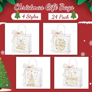 24 Pcs Christmas Clear Gift Bags with Bow Ribbon PVC Party Favor Bags with Handles 7.8 x 7.8 x 3.1" Plastic Gift Wrap Tote Bags for Retail Christmas Wedding Birthday Baby Shower Party Favors