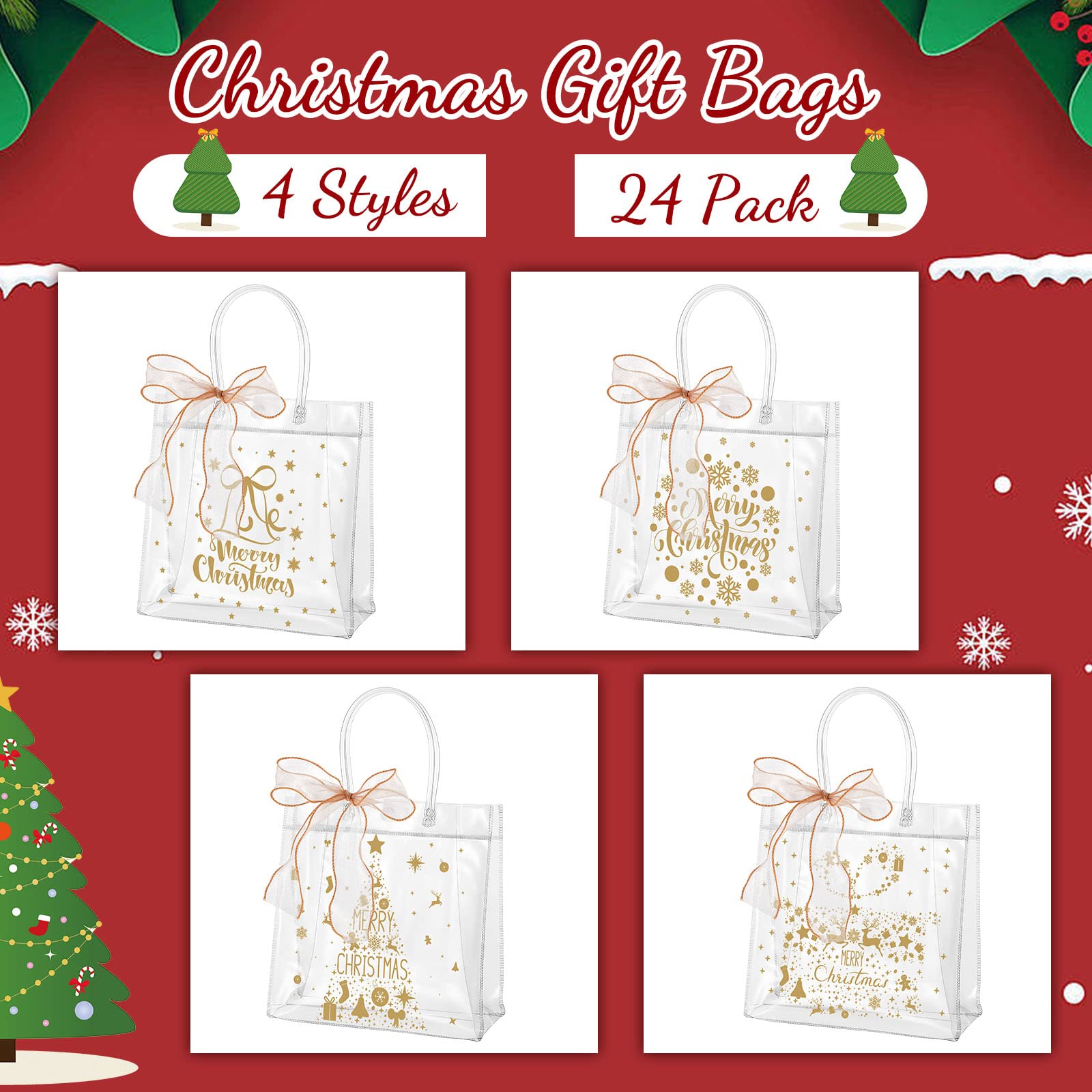 24 Pcs Christmas Clear Gift Bags with Bow Ribbon PVC Party Favor Bags with Handles 7.8 x 7.8 x 3.1" Plastic Gift Wrap Tote Bags for Retail Christmas Wedding Birthday Baby Shower Party Favors