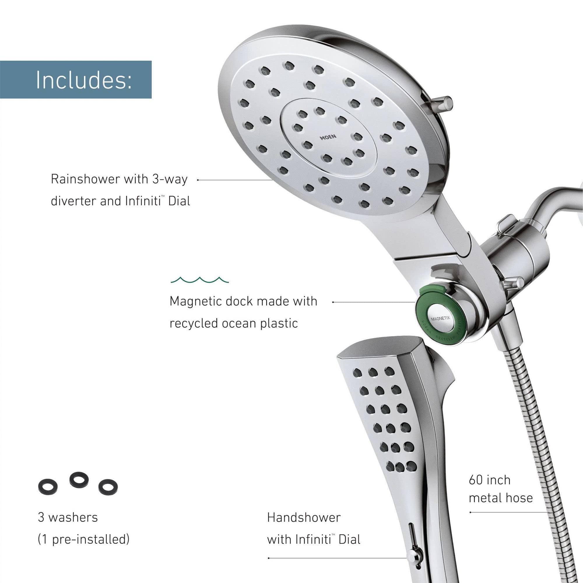 Moen Verso Chrome Rain Shower Head and Detachable Handshower Combination with Infiniti Dial and Magnetix Docking System, 60" Hose, 220C2