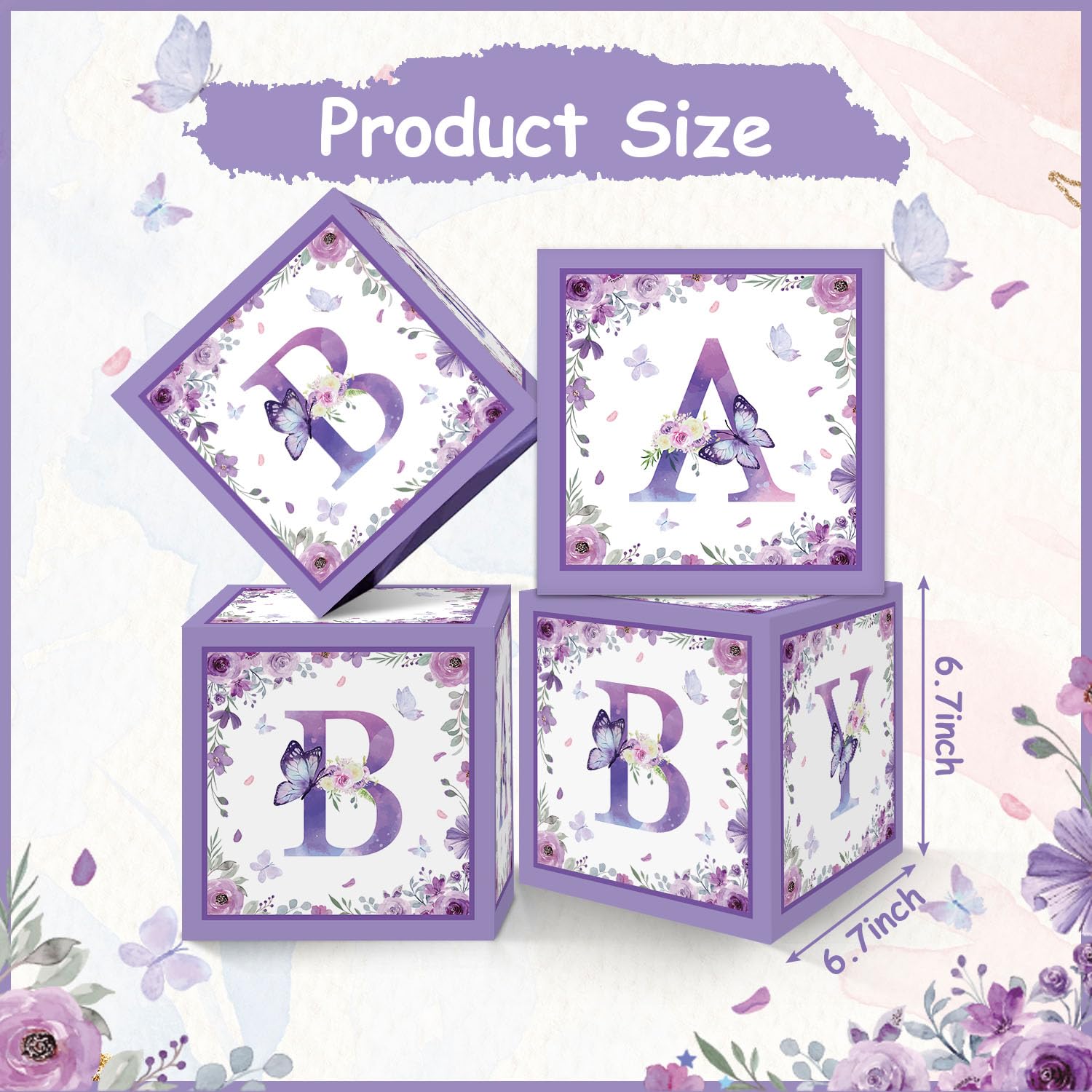 GOGOPARTY Purple Butterfly Floral Baby Shower Boxes Decorations - 4 Baby Shower Centerpiece Boxes Gender Reveal First Birthday Centerpiece Decors (Without Flowers)