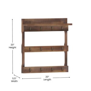 EMMA + OLIVER Maxwell Wall Mounted Wooden Mug Rack - Rustic Brown Finish - 12 Metal Mug Hooks - Inlaid Hanging Hardware - Includes Screws and Wall Anchors