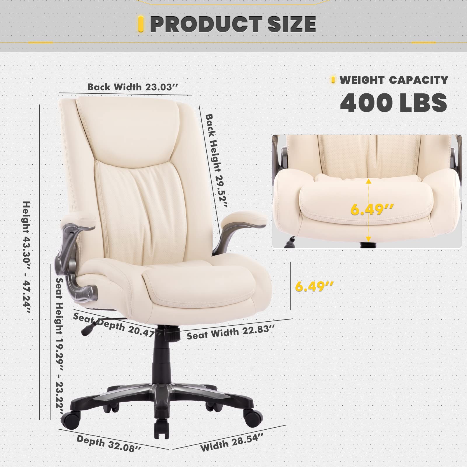 COLAMY Big and Tall Office Chair 400lbs, Large Heavy Duty High Back Executive Computer Office Desk Chair Flip-up Arms Wide Thick Seat for Home Office, Ivory